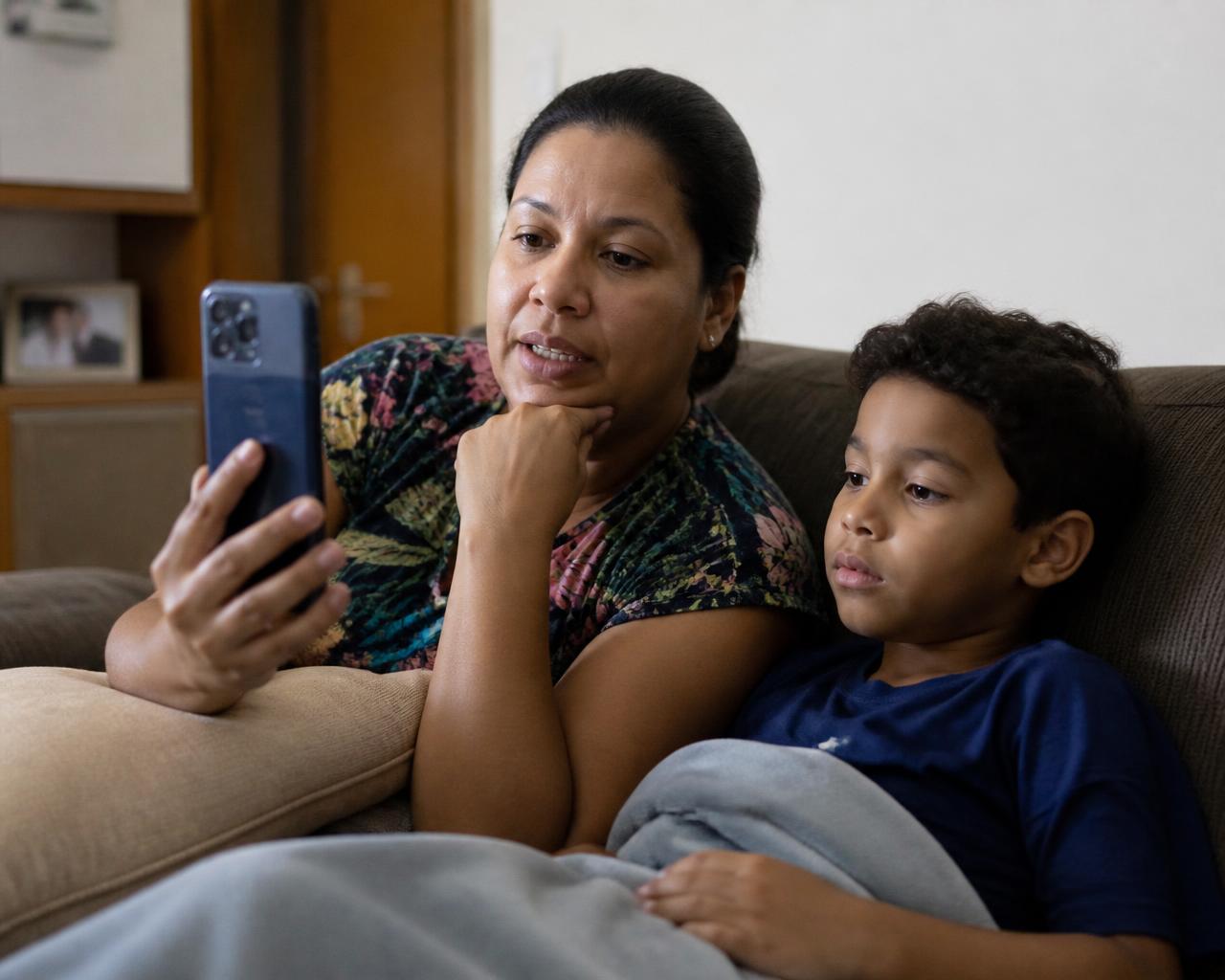 Mãe usando o celular para uma consulta médica por videochamada em casa